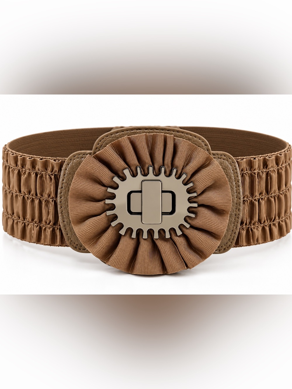 Stretch Elastic Floral Buckle Belt in Brown